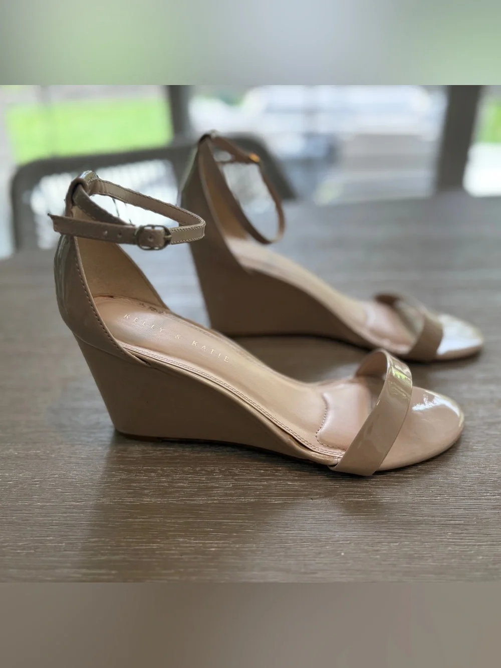 Kelly & Katie Nude Patent Wedge Sandals with Ankle Strap